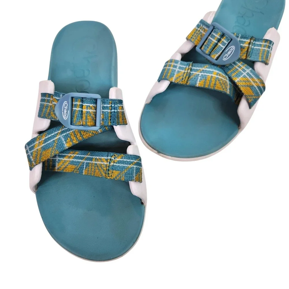 CHACO Sandals Kids 5 36 Blue Plaid Strappy Adjustable Slide Outdoor Water Shoes